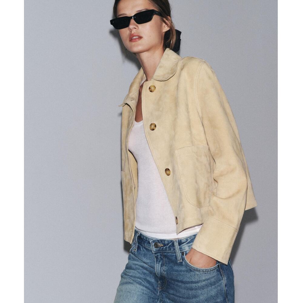 Zara ZW Collection 100% Goat Suede LIMITED EDITION Jacket Taupe Large-flaw
